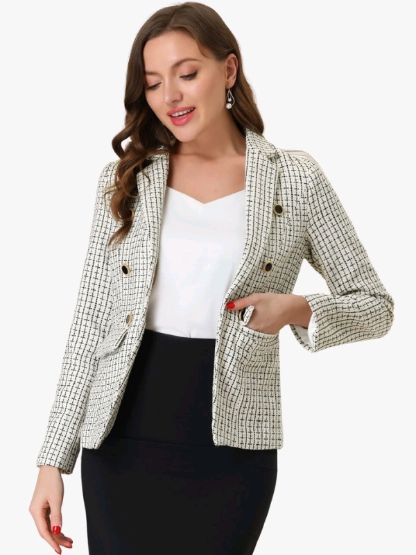 New Size LARGE Women's ALLEGRA K Tweed Plaid Long Sleeves Notched Lapel Open Front Blazer Jacket | Retails Over $50