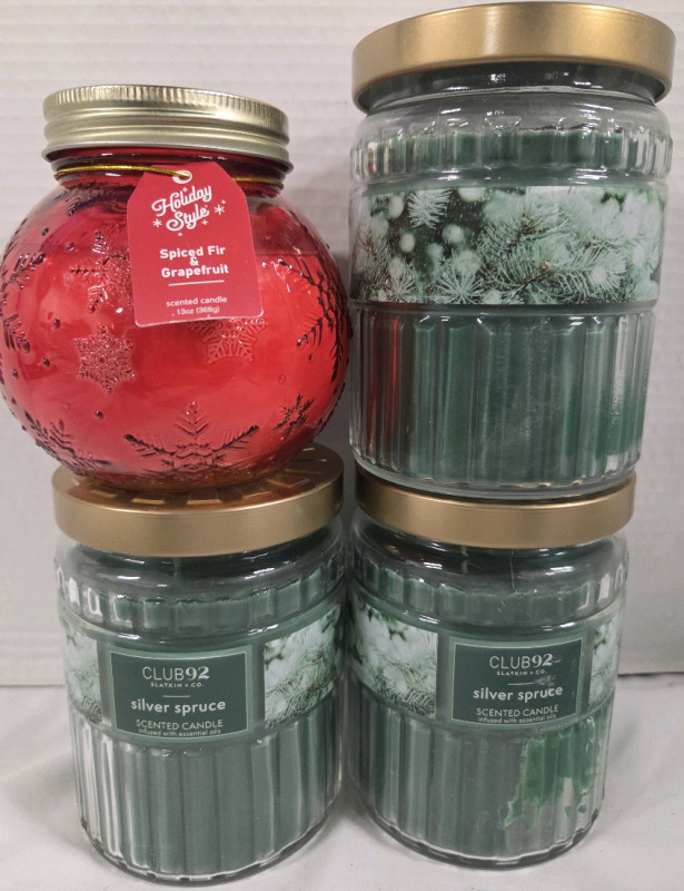 4 New | Holiday Candles | (3) 510g Silver Spruce Candles & (1) 368g Spiced fur & Grapefruit Candle