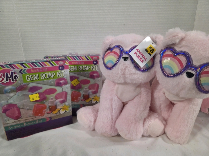 4 New | Girl's Toys Lot | (2) Plush Purses & (2) B.ME Gem Soap Kits