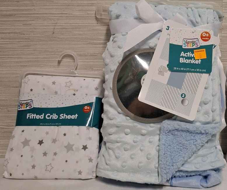 1 New Gentle Steps Fitted Crib Sheets (Measurements- 28"x 52") and 1 New Gentle Step Activity Blanket (Measurements- 20" X 40" | 0+ Months Products