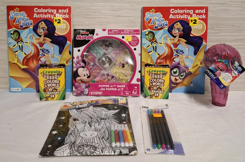 8 New Assorted Kids Activity Toys/Books | Includes- 1 Disney Popper Jr. Game, 2 DC Colouring Books, 1 Trolls Puzzle, 2 Crayola Crayons, 1 Velvet Art Set & 1 Fineliners Set