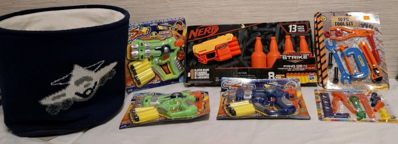 7 New Assorted Toys & 1 Basket | Includes - Alpha Strike Nerg Tatgeting Set, 3 Tool Set Toys & 2 Cyber Shot Toys | Biggest Measures - 19" X 9"