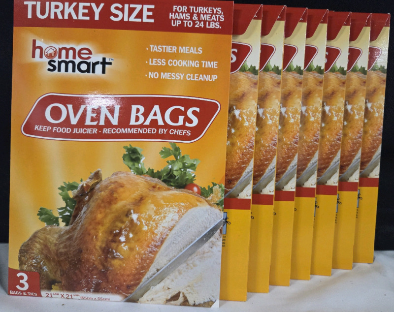 24 New | HomeSmart Oven Bags for Turkeys, Hams and Meats under 24LBS | Measures 21&frac34;" x 21&frac34;" ea. | 8 Packs of 3 Bags and Ties