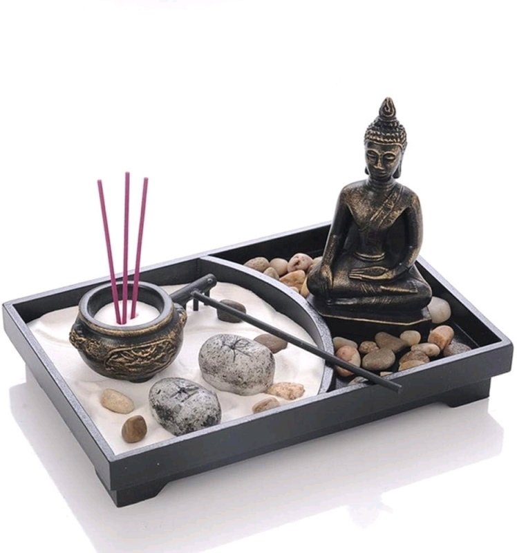 New Tabletop Zen Garden : Tray, Buddha Statue, Tealight Candle Holder, Sand, Stones, Rake, 2 Candles & 3 Incense Sticks - Tray 9" &times; 6"