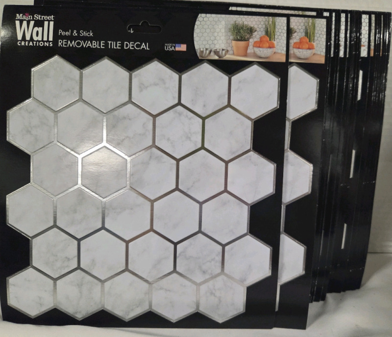 60+ New | MainStreet Wall Creations Peel & Stick Tile Decals | Marble Silver Hexagon Design | Measures 8" x 8" ea. | Retails $60