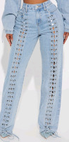 New | Size 3 Women's Fashion Nova Amplified Lace Up Straight Leg Jeans | Retails $64
