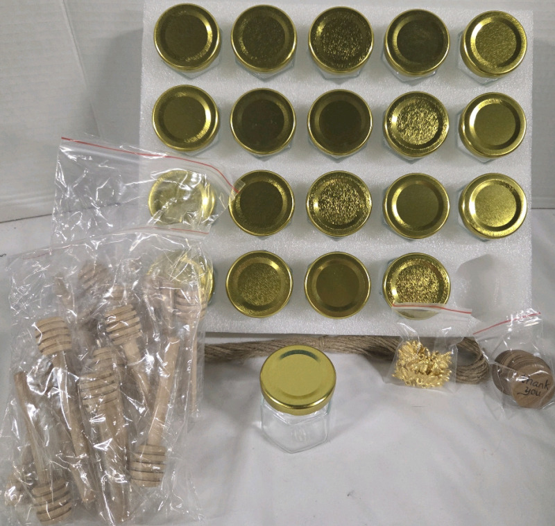 20 New | 2" x 2" Hexagon Shaped Jars w/ Lids, Thank you Notes, Bee Charms and Mini Honey Dippers
