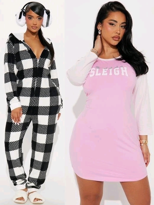 2 New Size LARGE Women's FASHION NOVA: Always Cozy Plush Matching Family PJ Jumpsuit Onesie (Black White) & Santa's Sleigh Glitter Sleep Dress (Pink)
