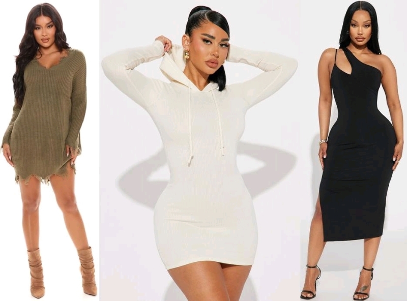 3 New Size LARGE Women's FASHION NOVA: Sarabeth Sweater Mini Dress (Olive), Carson Hooded Mini Dress (Cream) & One Shoulder Midi Dress (Black)