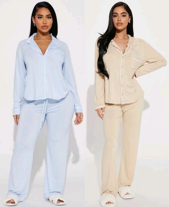 2 New Size MED & LG Women's FASHION NOVA PJ Sets : In the Morning PJ Pant Set (Light Blue) & Relax With Me PJ Pant Set (Nude)