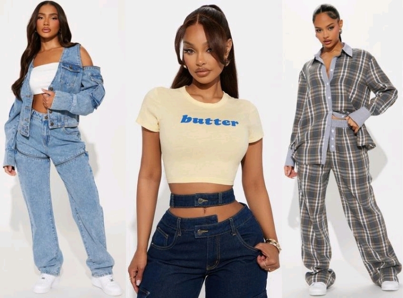 3 New Size MED Women's FASHION NOVA: Shaye Flannel Boxer Pant Set, Multiple Reasons Convertible Denim Jacket & Butter Yellow Baby Tee