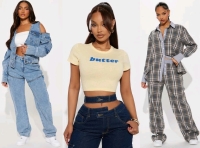 3 New Size MED Women's FASHION NOVA: Shaye Flannel Boxer Pant Set, Multiple Reasons Convertible Denim Jacket & Butter Yellow Baby Tee