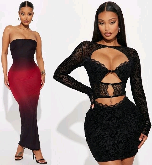 2 New Size MED Women's FASHION NOVA Dresses : Alexa Longsleeve Mesh Mini Dress (Black) & Amara Mesh Maxi Dress (Red Combo)