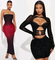 2 New Size MED Women's FASHION NOVA Dresses : Alexa Longsleeve Mesh Mini Dress (Black) & Amara Mesh Maxi Dress (Red Combo)