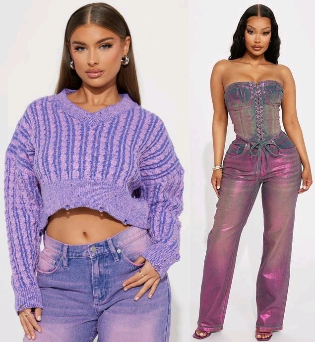 New Size 1X/2X Women's FASHION NOVA Downtown Attitude Washed Sweater (Purple Combo) & Sweet Memories Metallic Denim Pant Set | Over $100 Retail Value