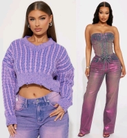 New Size 1X/2X Women's FASHION NOVA Downtown Attitude Washed Sweater (Purple Combo) & Sweet Memories Metallic Denim Pant Set | Over $100 Retail Value