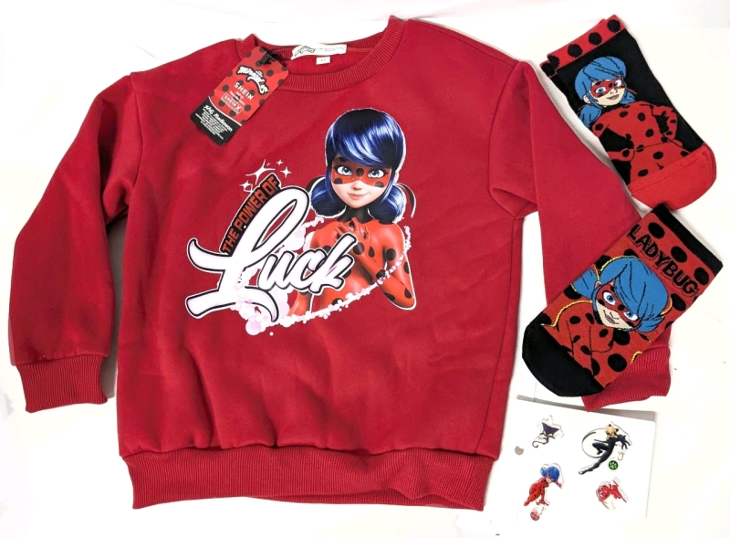 New Size 6Y Kids MIRACULOUS LADYBUG Sweater, 2 Pairs of Socks & 4 Acrylic Pins