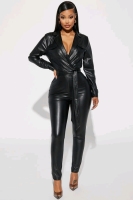 New Size MED Women's FASHION NOVA Emma PU Leather Jumpsuit (Black) | Retails Over $50!