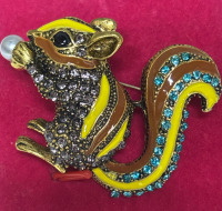 Squirrel Enamel Brooch Adorable with Rhinestones Holding a Pearl Approximately 2 Inch Back Bale for Pendant