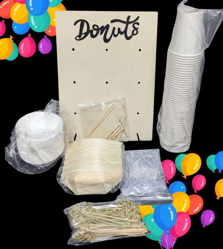 New Party Food Supplies: Donut Board, Small Paper Bowls, Small Paper Boat Fod Holders, 100&times; Natural Food Picks, 50&times; 8oz Cups, Pipettes | Board 10.25" &times; 13.75" (Holds 9-18 Donuts)
