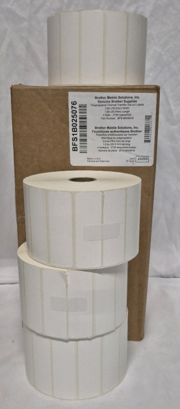 4 New Rolls Brother BFS1B025076 | 3" x 1 White Die Cut Matte Polypropylene Thermal Transfer Labels Retails for $296