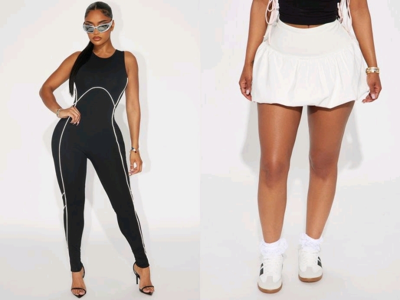 2 New Size MED Women's FASHION NOVA: Running Through My Mind Jumpsuit (Black) & Kate Bubble Hem Mini Skirt (Cream)