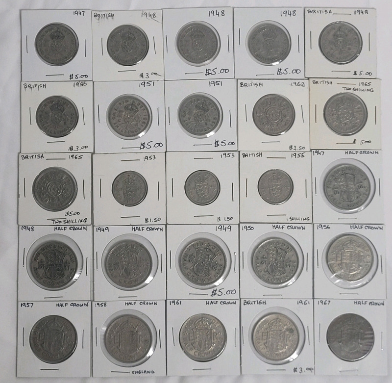 1949 - 1967 Great Britain Two Shilling , One Shilling & Half Crown Coins . 25 Coins