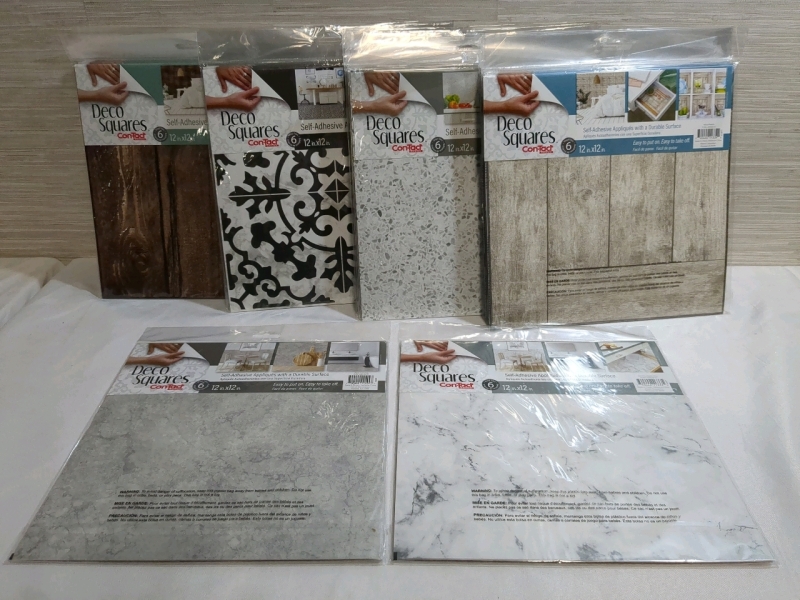 21 New Contact Brand Self Adhesive Deco Squares Multiple Patterns SEE PHOTOS FOR AMOUNTS 12x12 inches, 6 tiles per pack.