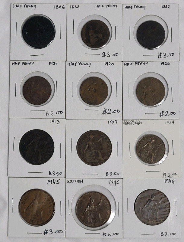 1806 - 1948 Great Britain Half Penny and Penny Coins . 12 Coins