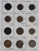 1806 - 1948 Great Britain Half Penny and Penny Coins . 12 Coins
