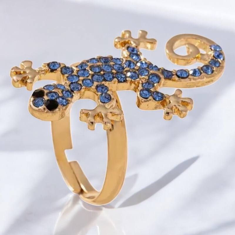 Lizard Gecko 14K Gold Plated Elegant Ring with Blue Gemstone Accents Adjustable