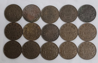 1920 - 1936 Canadian King George V One Cent Pennies . 1920 , 1921 , 1928 , 1929 , 1931 , 1932 &times;4 , 1933 &times;3 , 1934 , 1935 & 1936 . Fifteen (15) Coins