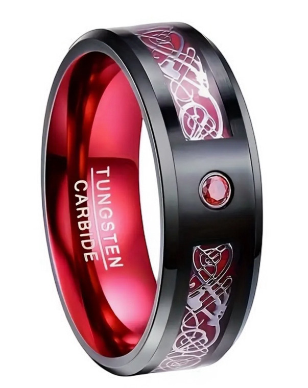 Black Tungsten Steel 8mm Ring Beveled Edge Red Cubic Zirconia Dragon Inlay Size 14 Stamped Tungsten Carbide
