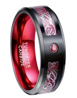 Black Tungsten Steel 8mm Ring Beveled Edge Red Cubic Zirconia Dragon Inlay Size 14 Stamped Tungsten Carbide