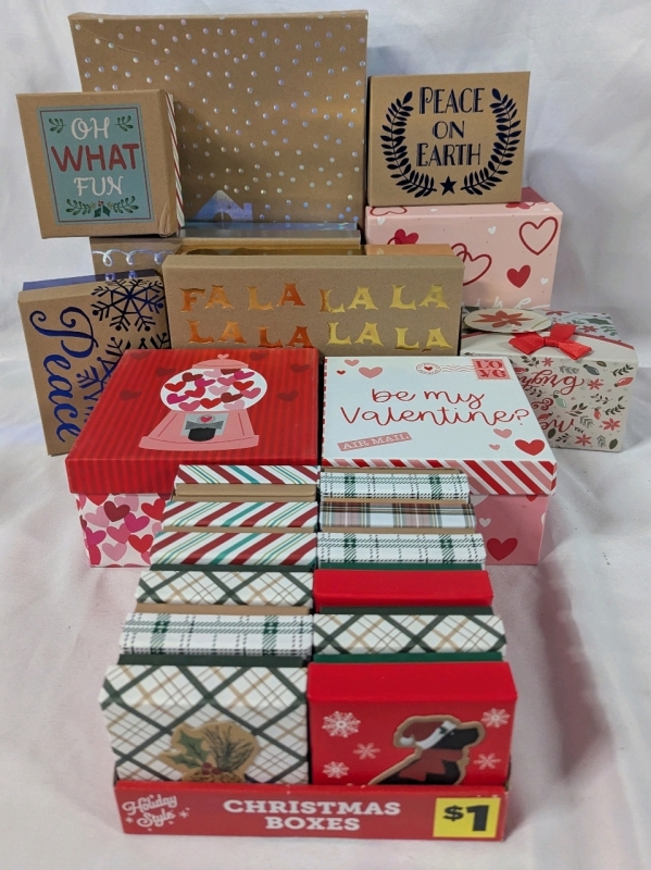 22 New Holiday Boxes. assorted Sizes. Largest Measures 13.5" by 10" by 3"
