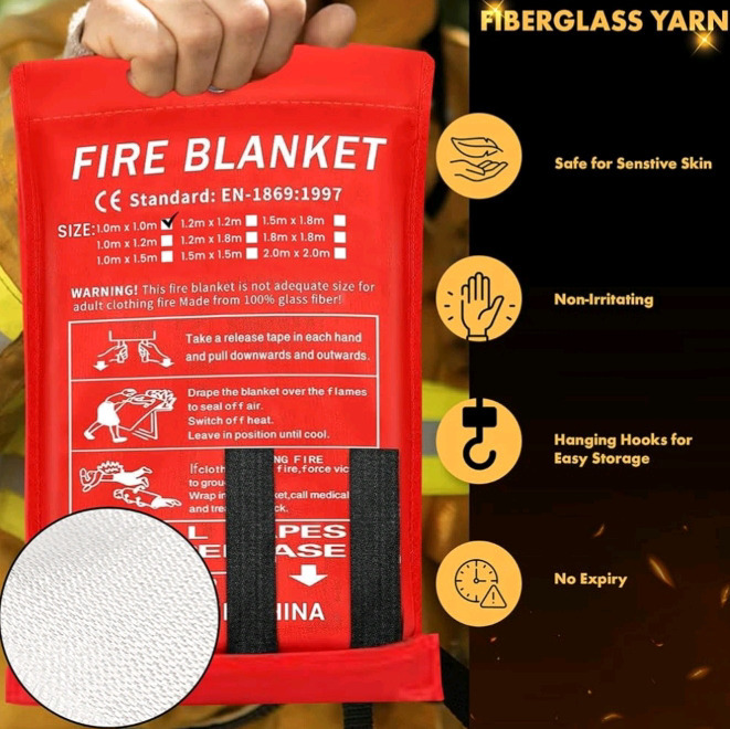 New | 1.0m x 1.0m Fire Blanket | Pull Tapes to Release and Drape over Flame