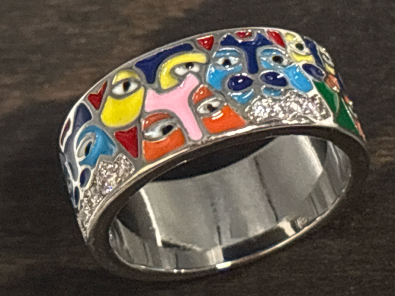 Vintage Style Enamel Eye Ring Colourful Size 7 Wide band Clear Rhinestones at Bottom Each Side