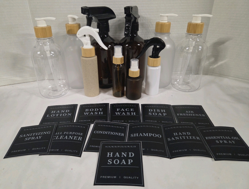 10 New | Refillable Despenser Bottles w/ 12 Label Stickers | Tallest Measures 9"