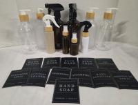 10 New | Refillable Despenser Bottles w/ 12 Label Stickers | Tallest Measures 9"