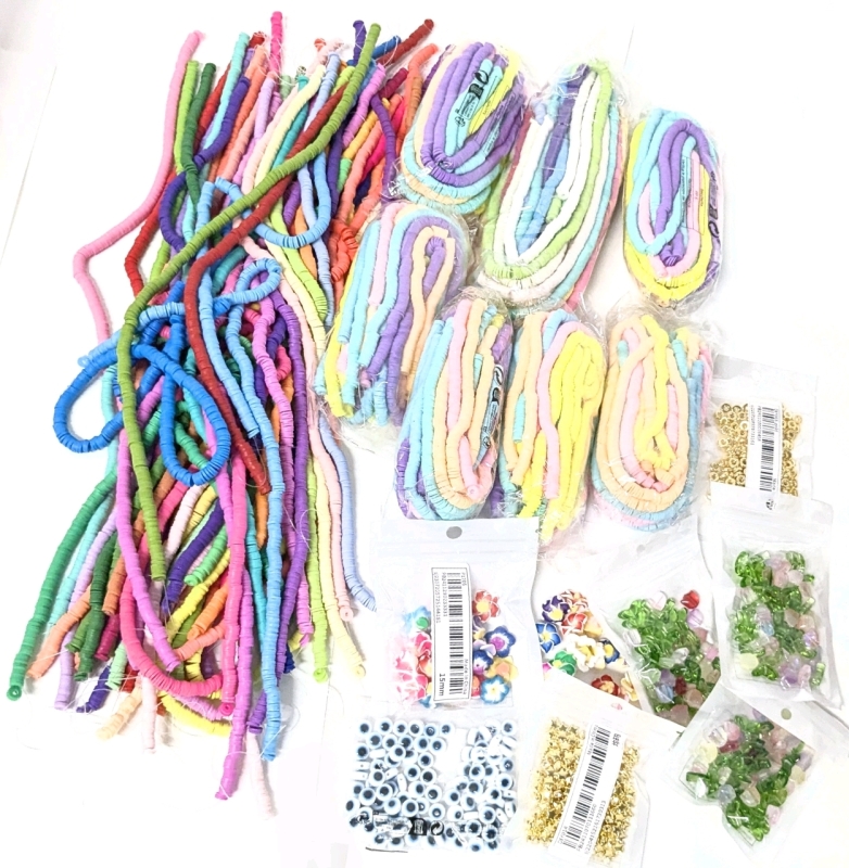 16 New Packages of Beads Including Flat Round Clay Beads, Polymer Clay Tropical Flowers, Stars & Ring Spacers, Hamsa Evil Eye Beads, Tulip Beads +