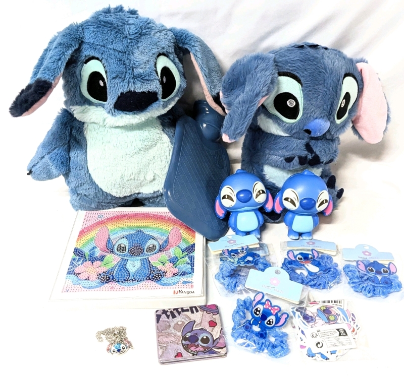 12-Piece New STITCH Love Lots: Plush Water Bottle Holder, Electric Sound Toy, Diamond Painting Kit with Frame, 5&times; Fair Ties, 2&times; Foam Stress Toys, Necklace, Stickers & Empty Makeup Palette