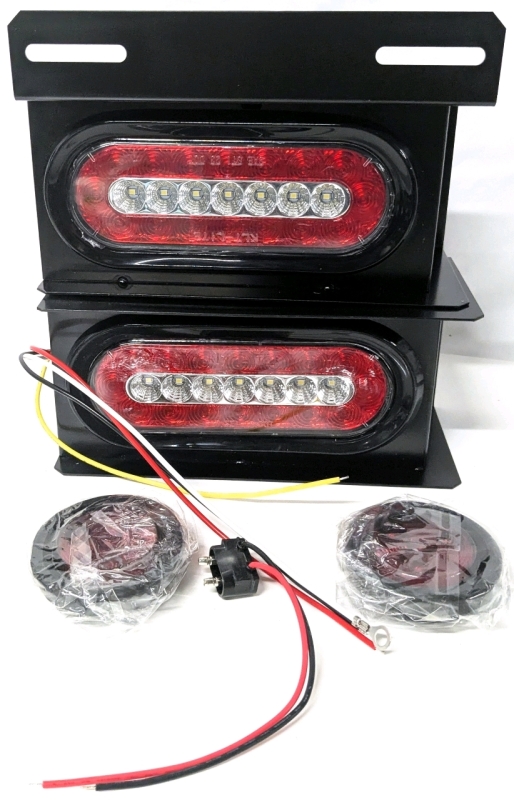 As-New Pair of Steel Waterproof Trailer Tail Lights / Light Boxes with 2 Inch Round Side Marker Lights (Appears To Be Missing 1 Set Of Cables For The Round Lights)