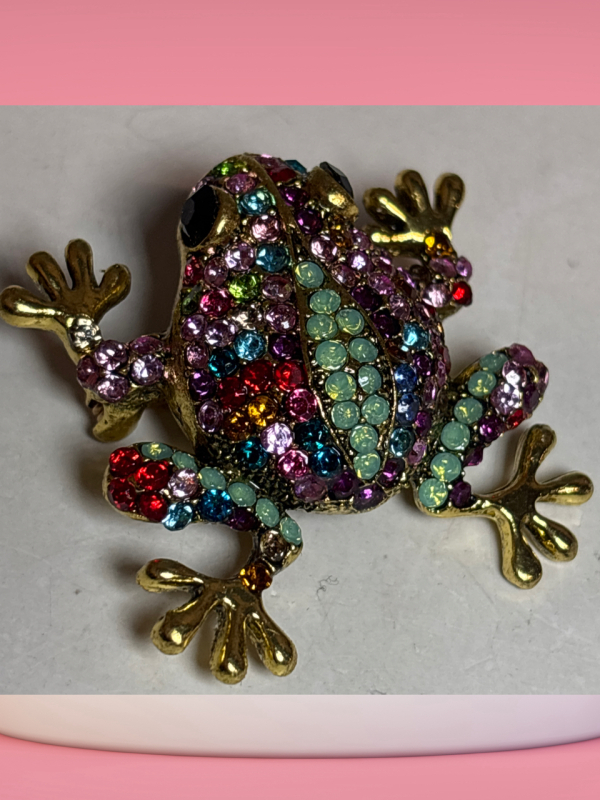 Sparkling Rhinestone Frog Brooch Adorable Little Toes<br/>Approximately 1.9 x 1.7 Inch Opaque and Sparkling Stones Back Bale