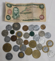 Caribbean Nations Bank Note & Coin Lot . Bahamas , Costa Rica , Jamaica & Dominican Republic .