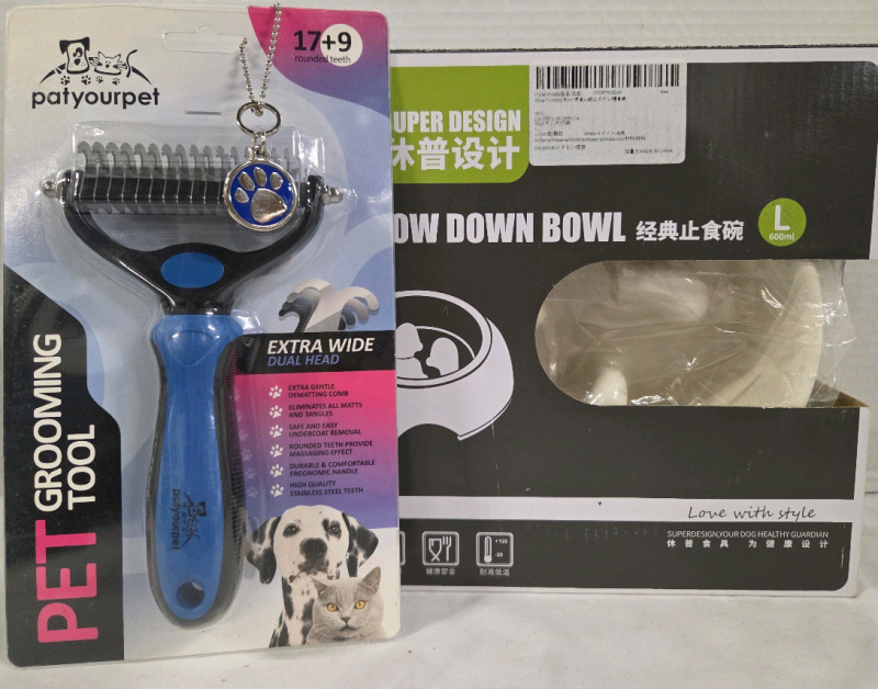 New | Pet Lot | Comes w/ 1 Large(600ml) Slow Down Bowl & 1 Patyourpet Pet Grooming Tool