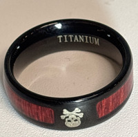 Skull 8mm Wide Titanium Steel Ring Black with Red Wood Accents Size 11 Stamped