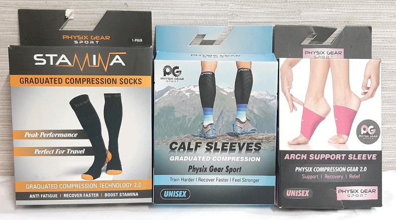 New in Box Stamina Graduated Compression Socks (S/M), Physix Gear Sport Graduated Compression Calf Sleeves (L/XL) & Physix Gear Sport Arch Support Sleeve (S)