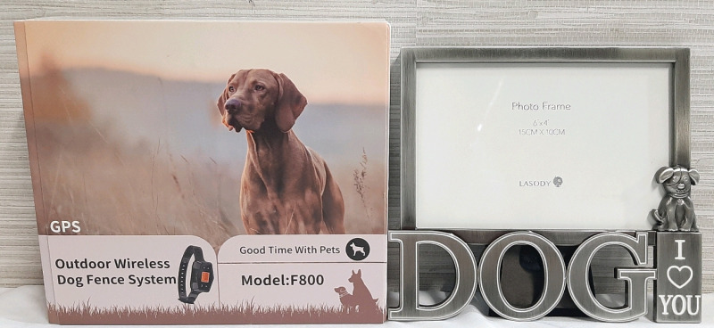 New in Box Outdoor Wireless Dog Fence System Collar & Dog Themed Picture Frame