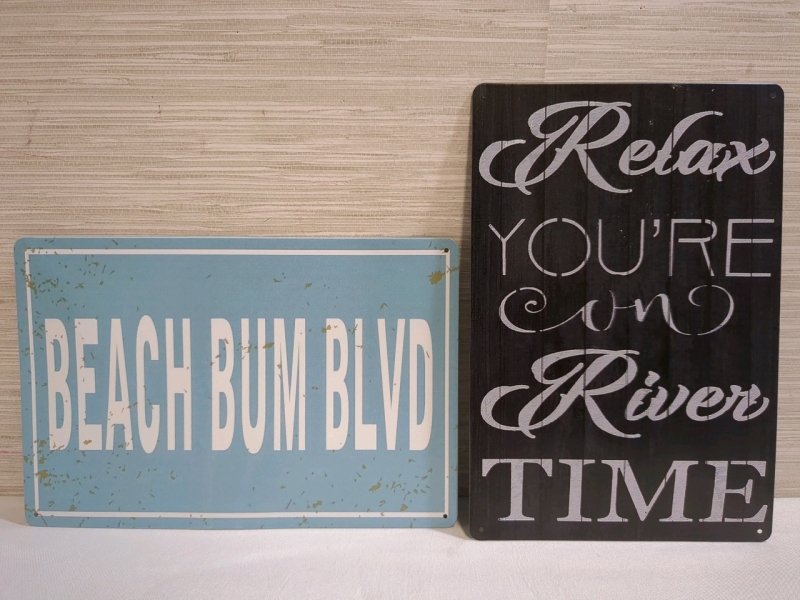 2 New Metal Relaxing Themed Home Decor Signs 8x12 inches.
