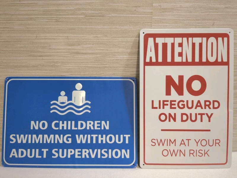 2 New Metal Swimming Caution Themed Home Decor Signs 8x12 inches.